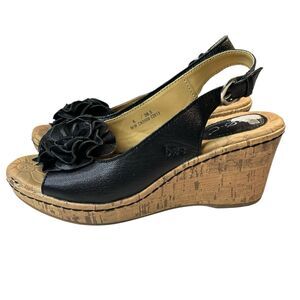 Born Concept Cork Wedge Sandals Sz 6 Black Leather Slingback Flower